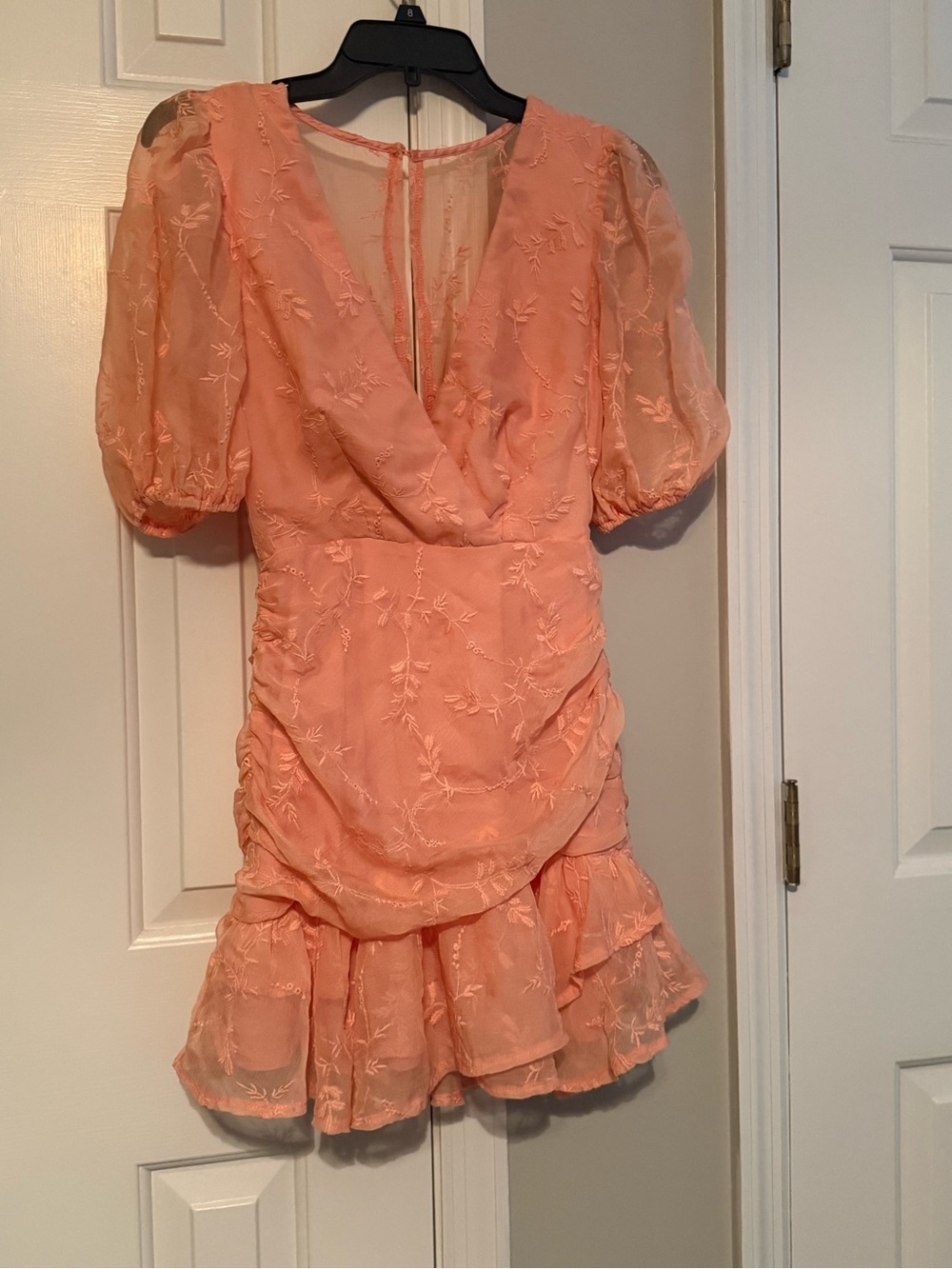 Peach Embroidered Puff-Sleeve Mini Dress